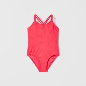 Zara girls/kids pink  PALM TREE JACQUARD SWIMSUIT 8-9yrs